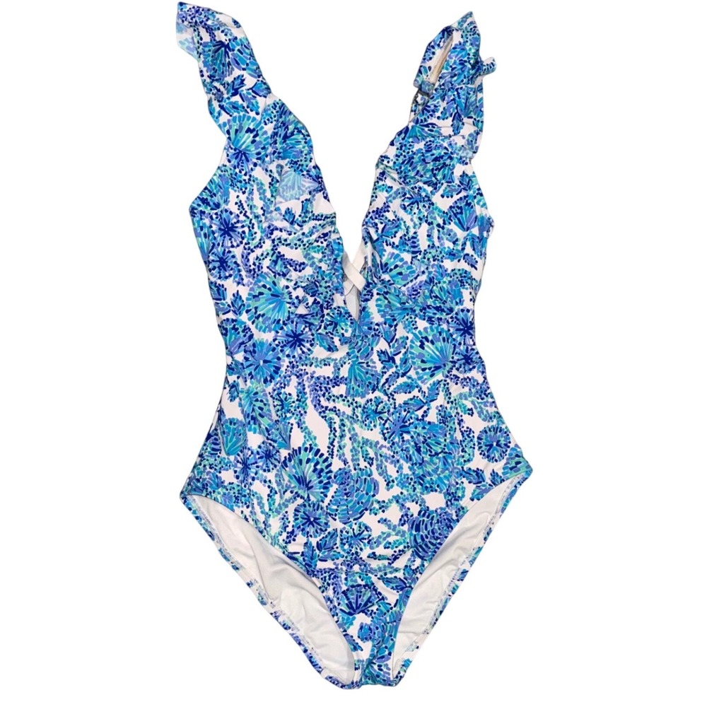 Lilly Pulitzer One Piece Swimsuit Womens 4 Blue White Excellent Ruffle Lattice